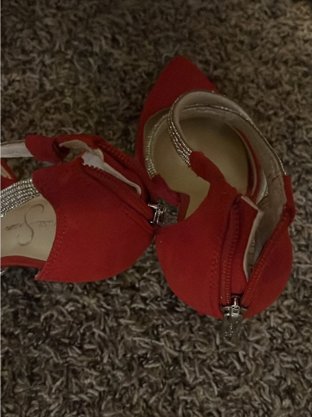 Jessica Simpson Red Pointed Toe Stiletto Heels with Silver Rhinestone Strap - Picture 2 of 2